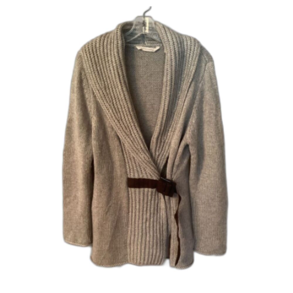 SOFT SURROUNDINGS SIZE XL GREY COUNTRY WEEKEND LEATHER BELTED CARDIGAN SWEATER